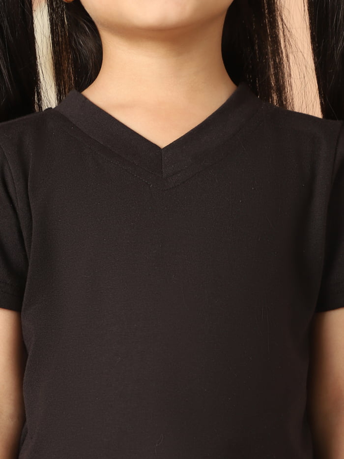 Girl Black Solid Color Cotton Knitted V-Neck T-shirt