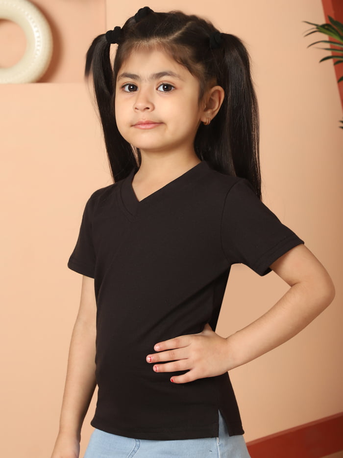 Girl Black Solid Color Cotton Knitted V-Neck T-shirt
