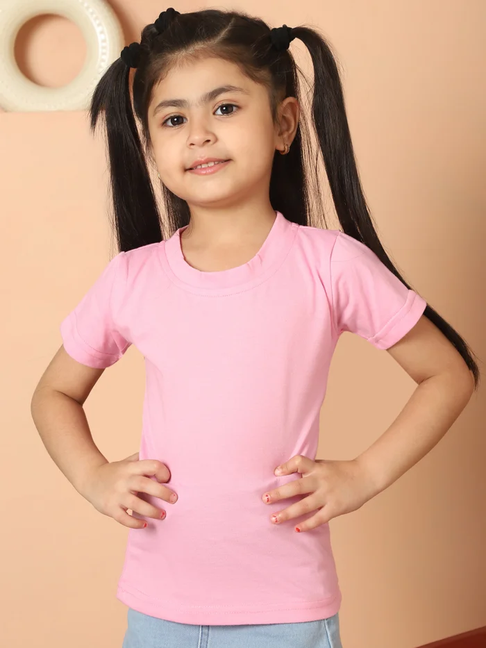 Girl Pink Solid Color Cotton Knitted Round Neck T-shirt
