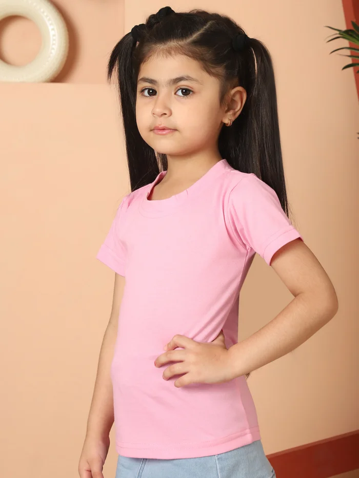 Girl Pink Solid Color Cotton Knitted Round Neck T-shirt