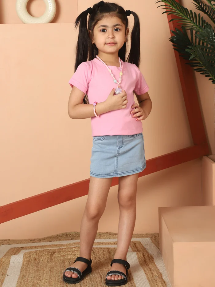 Girl Pink Solid Color Cotton Knitted Round Neck T-shirt