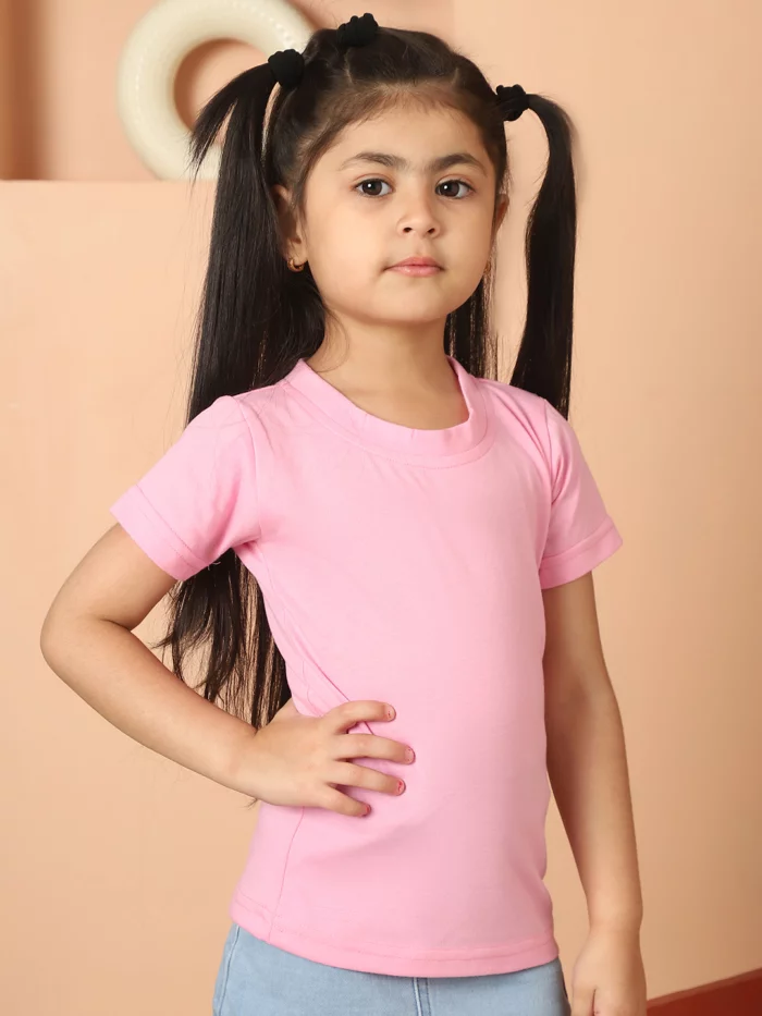 Girl Pink Solid Color Cotton Knitted Round Neck T-shirt