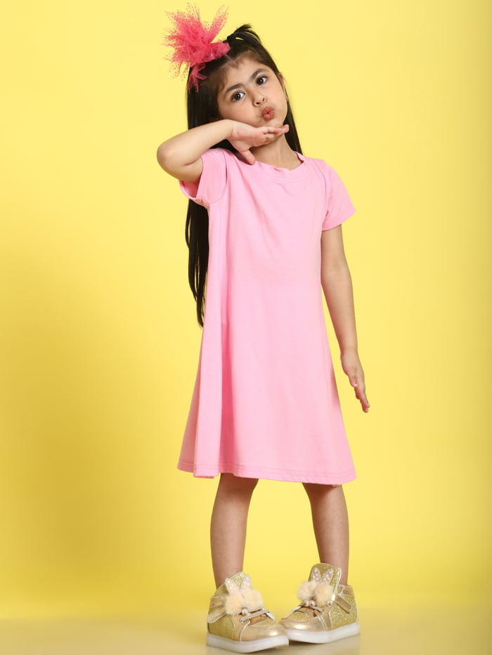 Girl Pink Solid Color Cotton Knitted Sleeveless Dress