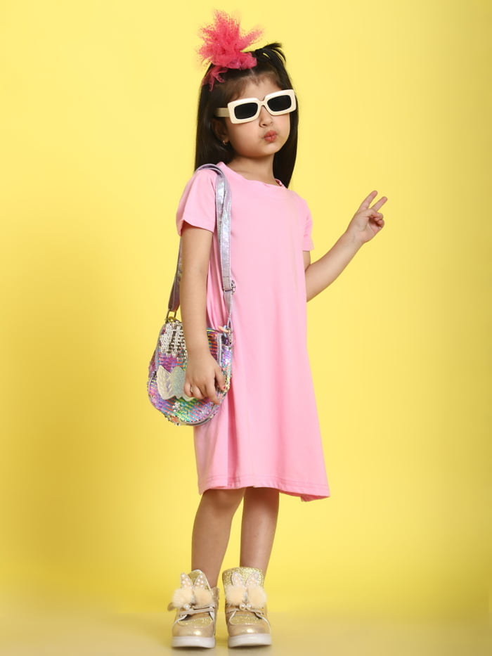 Girl Pink Solid Color Cotton Knitted Sleeveless Dress