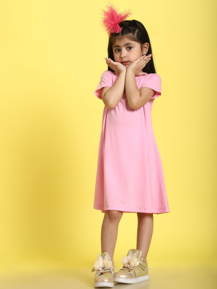 Girl Pink Solid Color Cotton Knitted Sleeveless Dress
