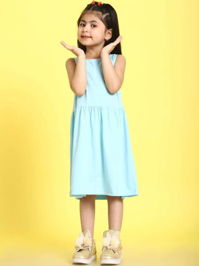 Girl Sea Green Solid Color Cotton Knitted Sleeveless Dress