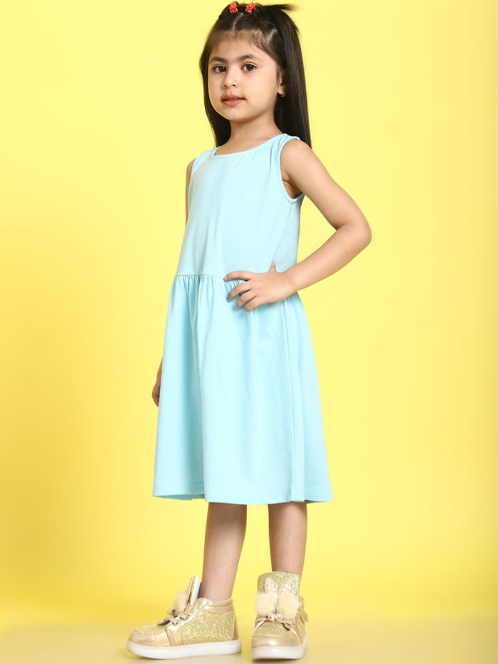 Girl Sea Green Solid Color Cotton Knitted Sleeveless Dress