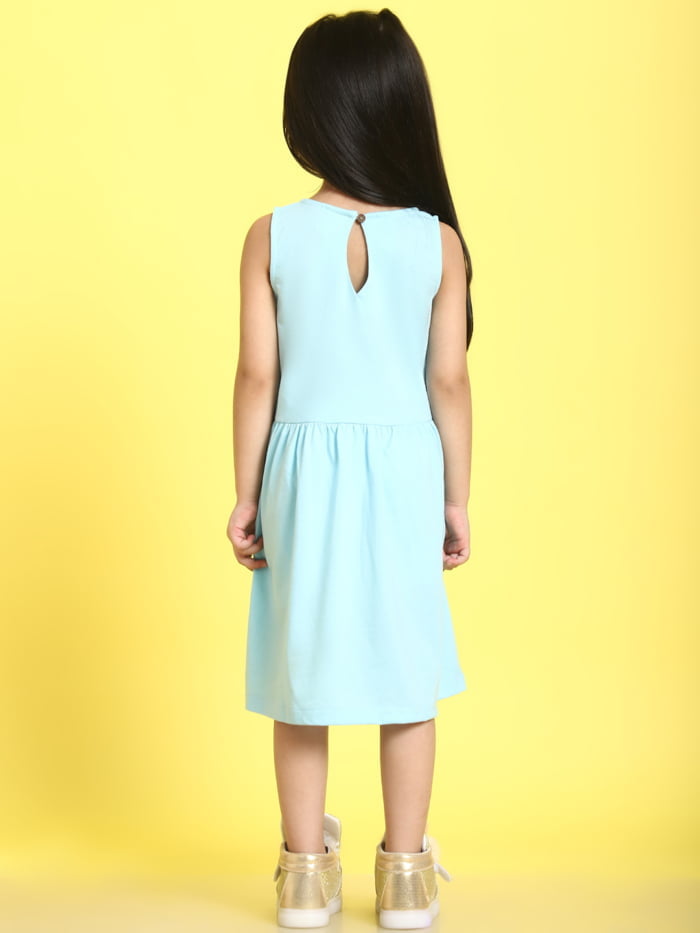 Girl Sea Green Solid Color Cotton Knitted Sleeveless Dress