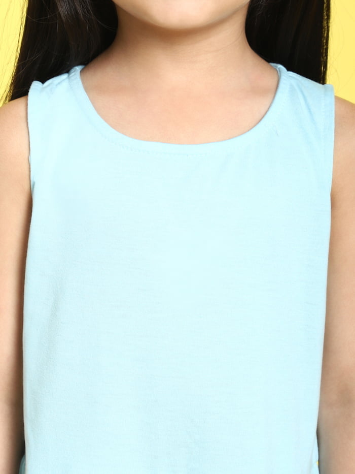 Girl Sea Green Solid Color Cotton Knitted Sleeveless Dress