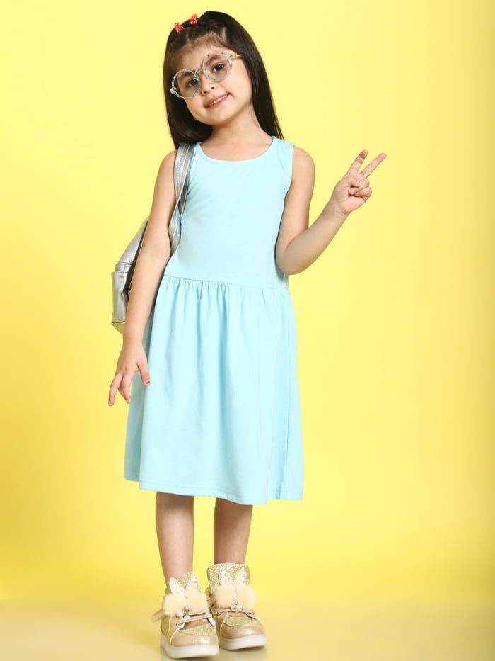 Girl Sea Green Solid Color Cotton Knitted Sleeveless Dress