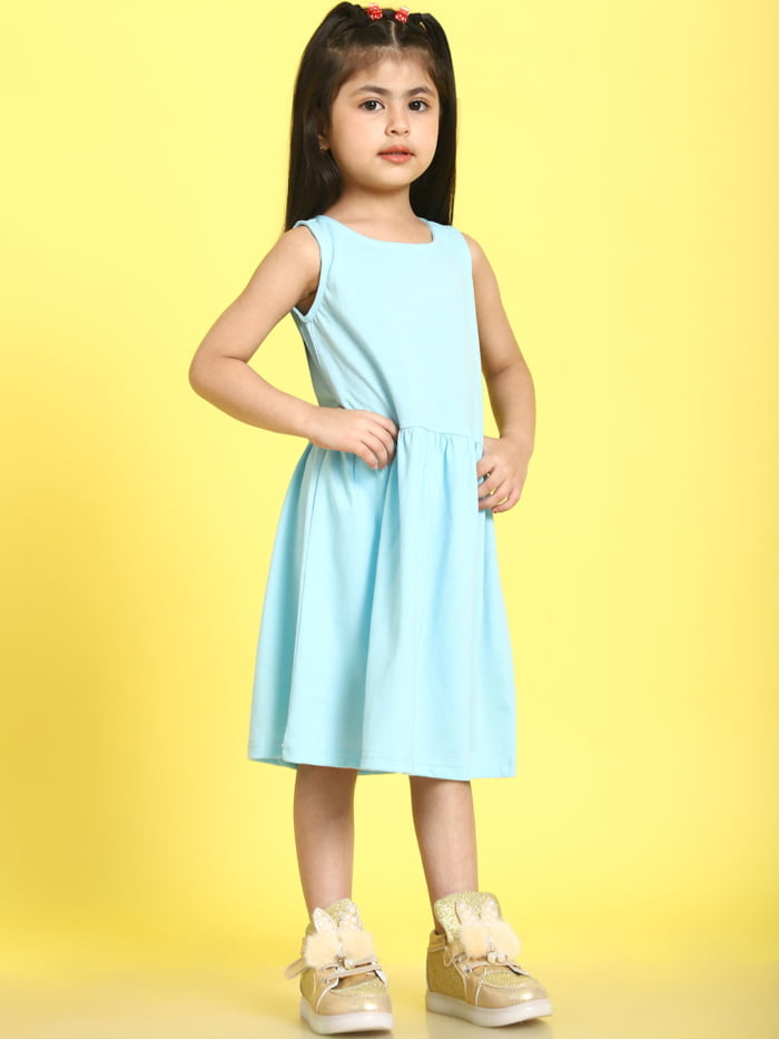 Girl Sea Green Solid Color Cotton Knitted Sleeveless Dress