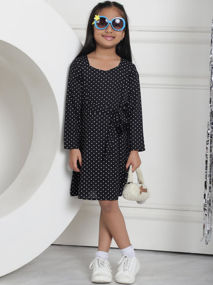 Girl Black Dot Printed A-Line Midi Dress