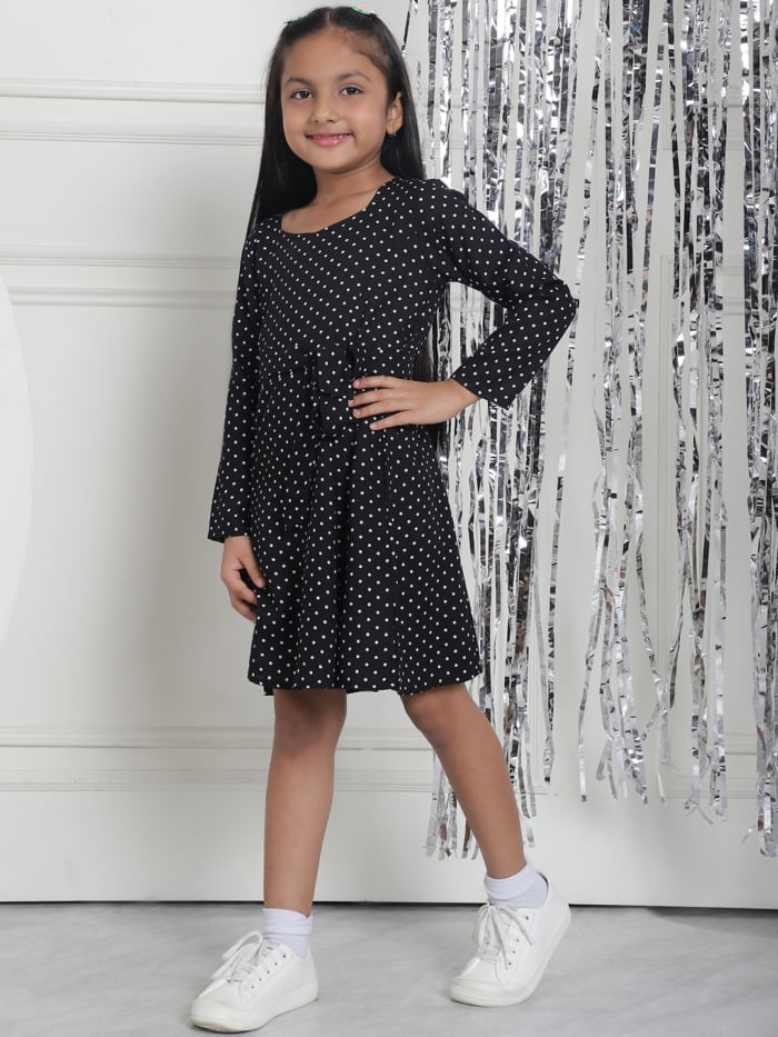 Girl Black Dot Printed A-Line Midi Dress