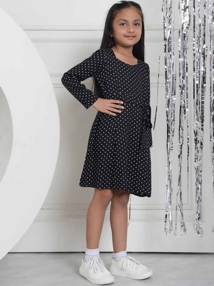 Girl Black Dot Printed A-Line Midi Dress