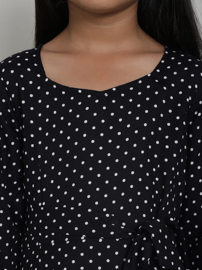 Girl Black Dot Printed A-Line Midi Dress