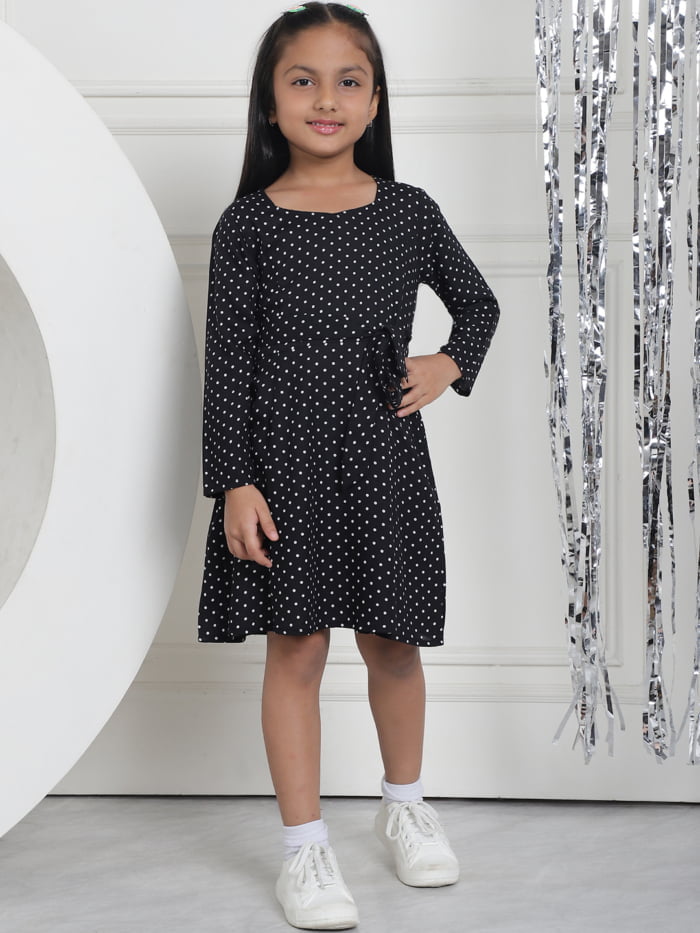 Girl Black Dot Printed A-Line Midi Dress