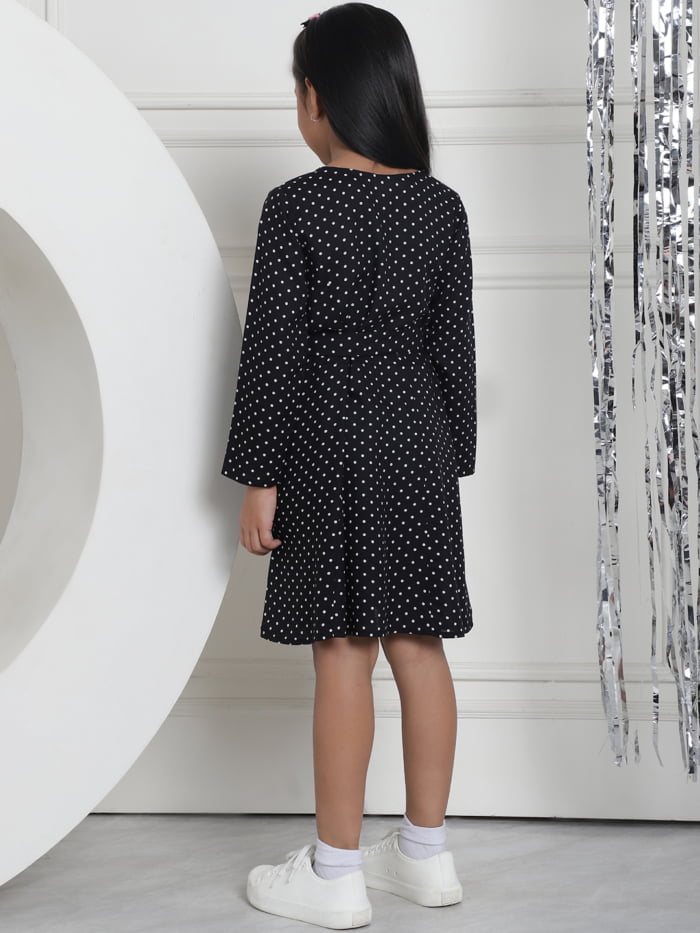 Girl Black Dot Printed A-Line Midi Dress