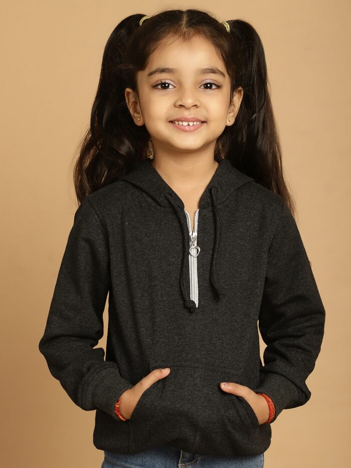 Girl Charcoal Grey Solid Color Cotton Knitted Kids Sweatshirt