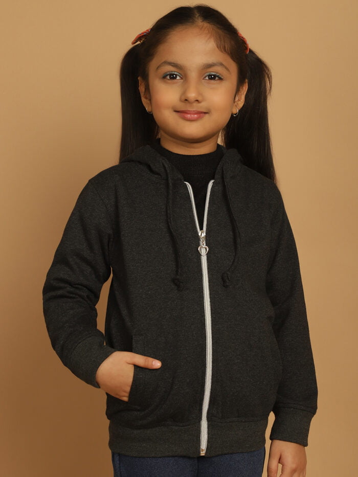 Girl Charcoal Grey Solid Color Cotton Knitted Kids Sweatshirt