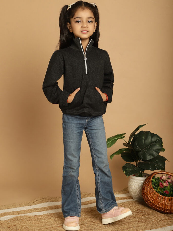 Girl Charcoal Grey Solid Color Kids Cotton Knitted Winter Sweatshirt