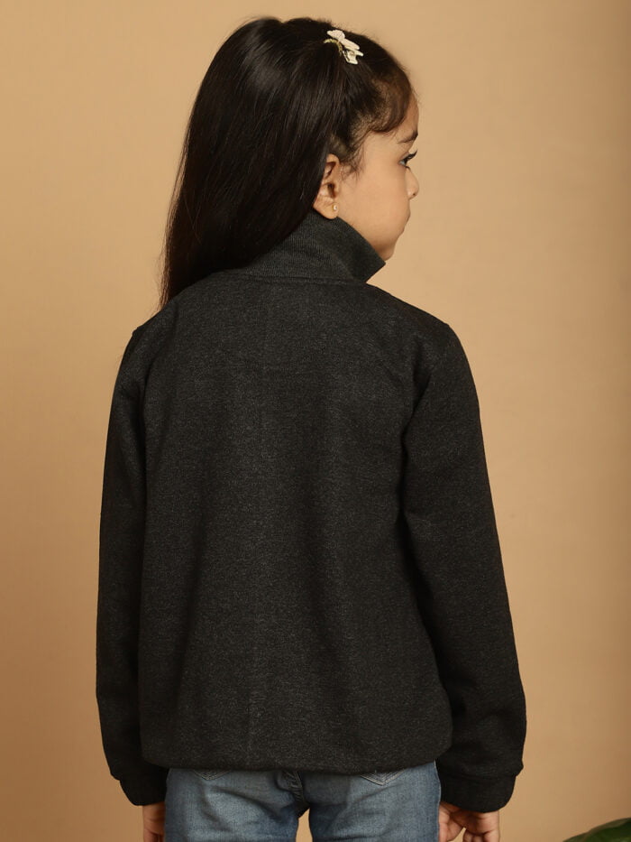 Girl Charcoal Grey Solid Color Kids Cotton Knitted Winter Sweatshirt