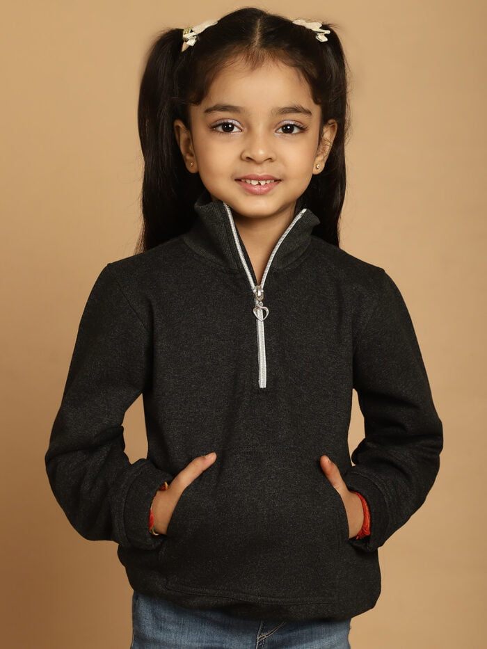 Girl Charcoal Grey Solid Color Kids Cotton Knitted Winter Sweatshirt