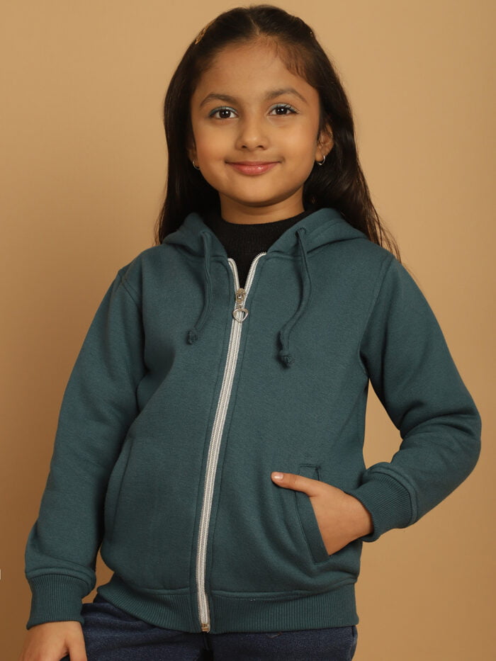 Girl Teal Solid Color Cotton Knitted Kids Sweatshirt