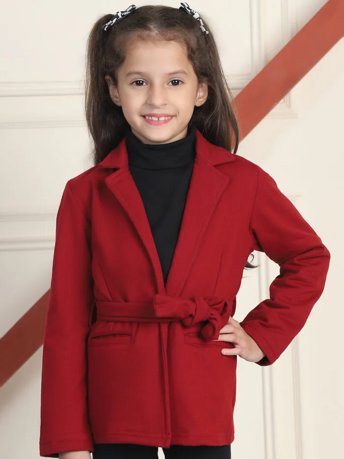 Girl Maroon Solid Color Notched Lapel Collar Belted Winter Coat - Maroon