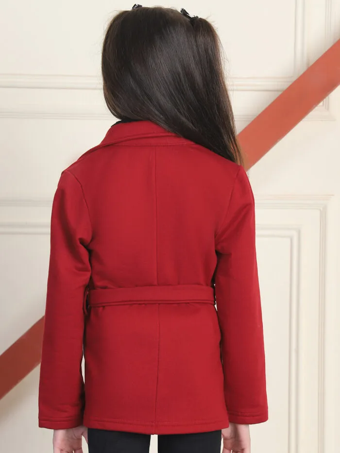 Girl Maroon Solid Color Notched Lapel Collar Belted Winter Coat - Maroon