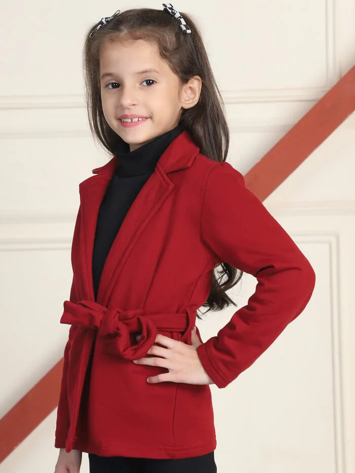 Girl Maroon Solid Color Notched Lapel Collar Belted Winter Coat - Maroon