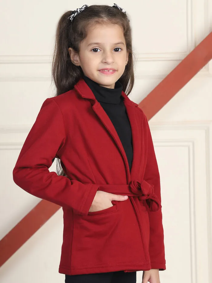 Girl Maroon Solid Color Notched Lapel Collar Belted Winter Coat - Maroon