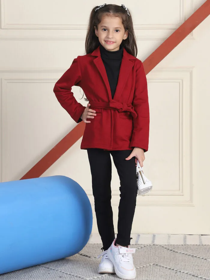 Girl Maroon Solid Color Notched Lapel Collar Belted Winter Coat - Maroon