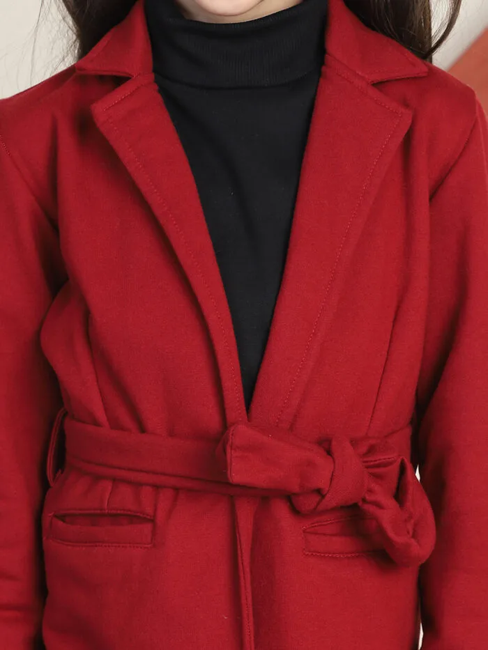 Girl Maroon Solid Color Notched Lapel Collar Belted Winter Coat - Maroon