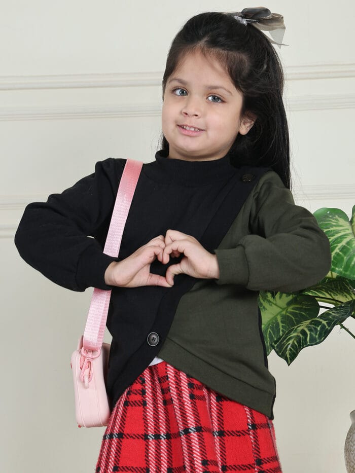 Girl Girl Black and Olive Two-Tone Pullover features a ribbed front with decorative buttons