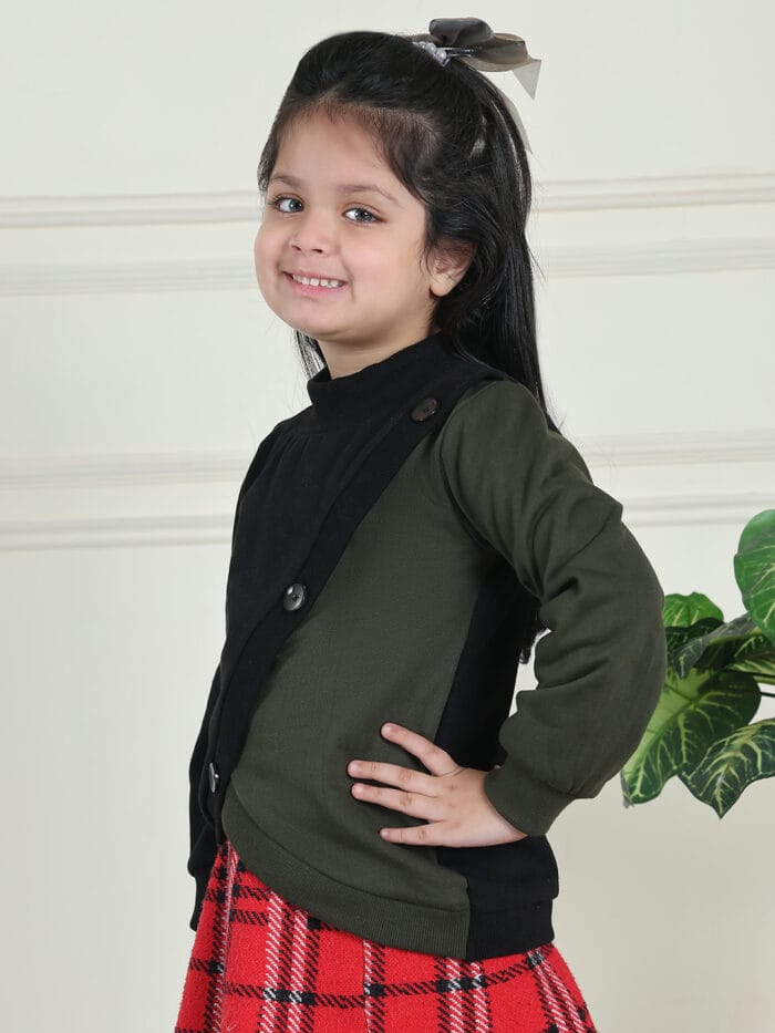 Girl Girl Black and Olive Two-Tone Pullover features a ribbed front with decorative buttons