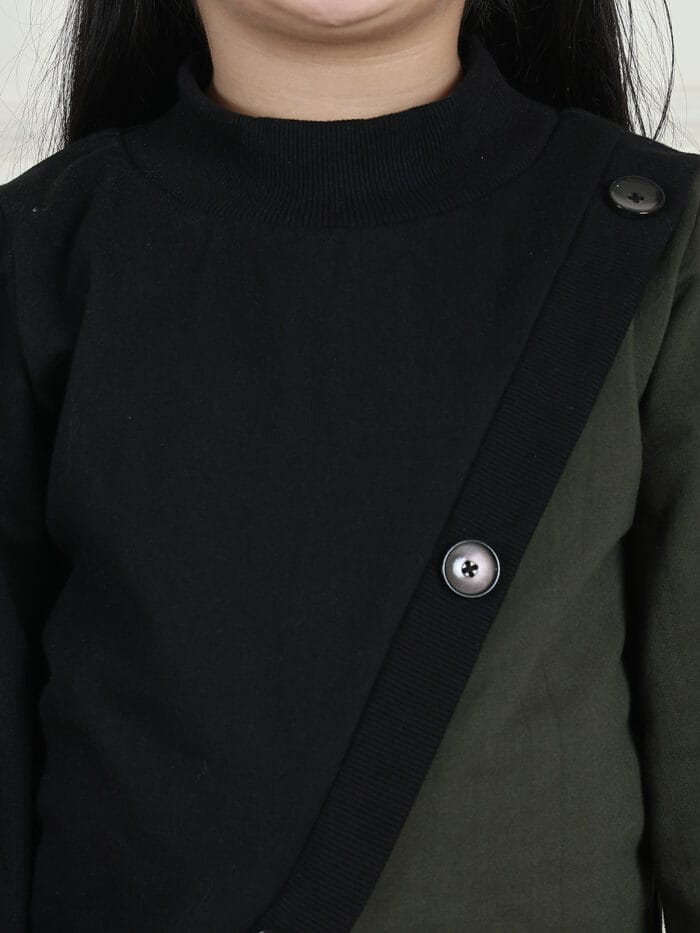 Girl Girl Black and Olive Two-Tone Pullover features a ribbed front with decorative buttons