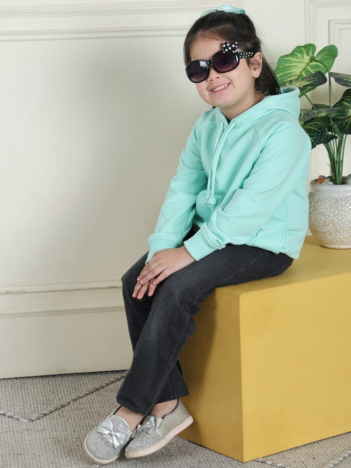 Girl Pastel Blue solid color sweatshirt featuring a hooded neck