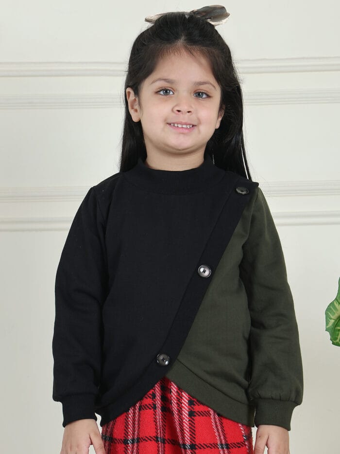 Girl Girl Black and Olive Two-Tone Pullover features a ribbed front with decorative buttons
