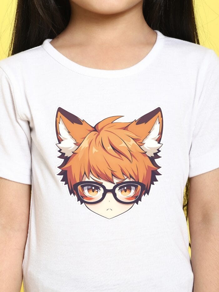 Girl White Solid Color Anime Graphics Printed Cotton Knitted T-shirt