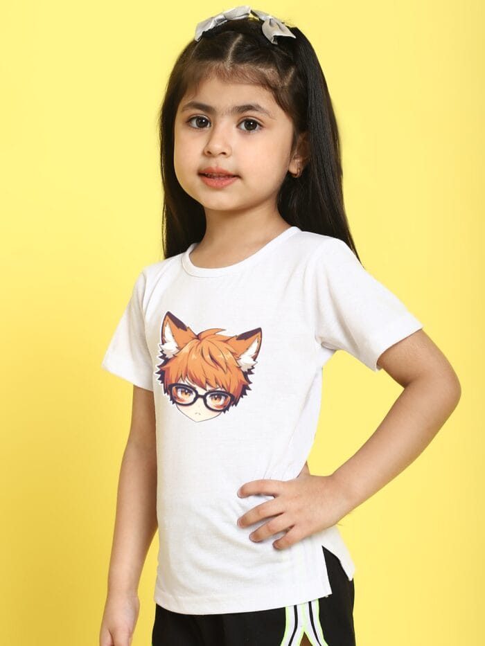 Girl White Solid Color Anime Graphics Printed Cotton Knitted T-shirt